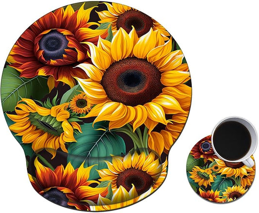 Mouse Pad with Wrist Support Gel, Ergonomic Mouse Pad with Comfortable Wrist Rest, Gaming Mousepad Non-Slip PU Base for Laptop Office Easy Typing & Pain Relief,Beautiful Sunflower