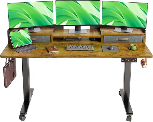Claiks Standing Desk with Drawers & Wheels, 2 Height Shelf 59" Rustic Brown | 2 height adjust shelf, tabletop drawers, felt fence design, sturdy supports 176 lbs, 4 wheels, 2 tire monitor stand