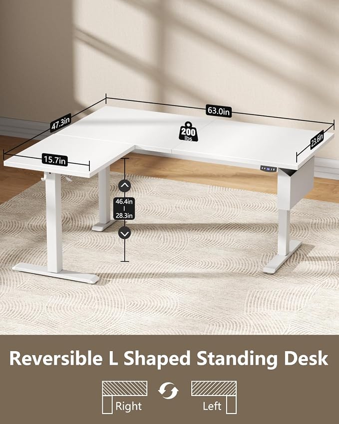 Korfile 63" L Shaped Standing Desk Height Adjustable Memory Presets White | Reversible Corner Desk, Ergonomic Sit to Stand, for Home Office, Work and Study, Weight Capacity 180lbs