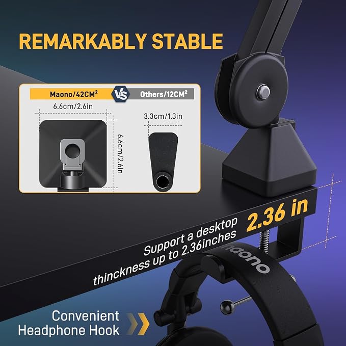 MAONO Microphone Boom Arm: Heavy Duty Adjustable Metal Suspension mic stand with Upgraded Desk Clamp and 3/8" to 5/8" Screw Adapter for Podcasting Recording Streaming Gaming - BA37