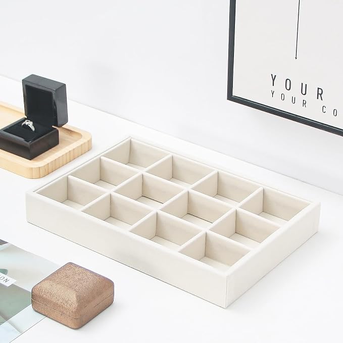 Beige 12Grid Bedside Organizer - Multi-use Holder for Jewelry, Sunglasses, Phone, Watch, Perfume, Lipstick - Nightstand & Desk-top Catchall Tray