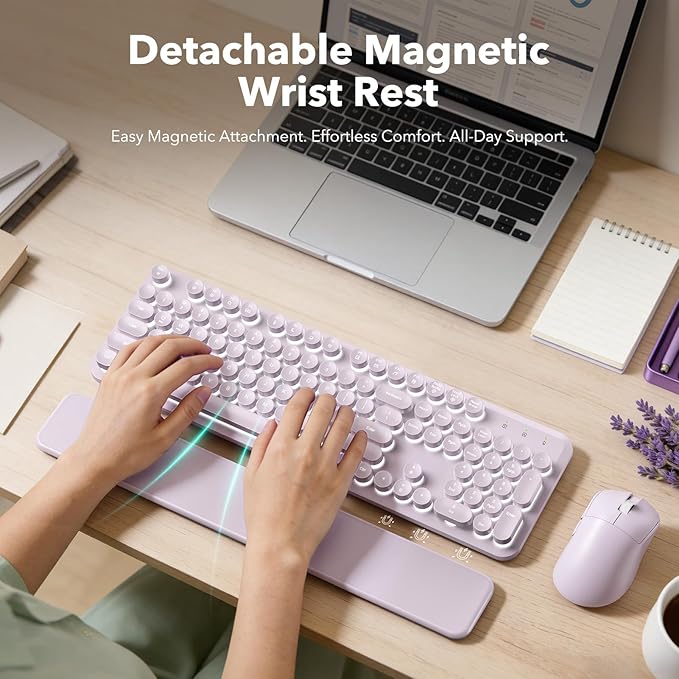 Wireless Keyboard and Mouse Combo, Backlit Round Keycaps, Retro Typewriter Keyboard with Magnetic Wrist Rest, USB-C Rechargeable & Tilt Legs, 2.4GHz Cordless for Mac Windows PC (Glowing Pastel Purple)