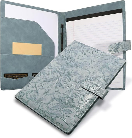 Professional Padfolio Portfolio Binder, Textured Embossing Faux Leather Folder Organizer for Letter Size Legal Pad Notepad Resume, Card Holder for Women Men Business Office Conference (Blue)