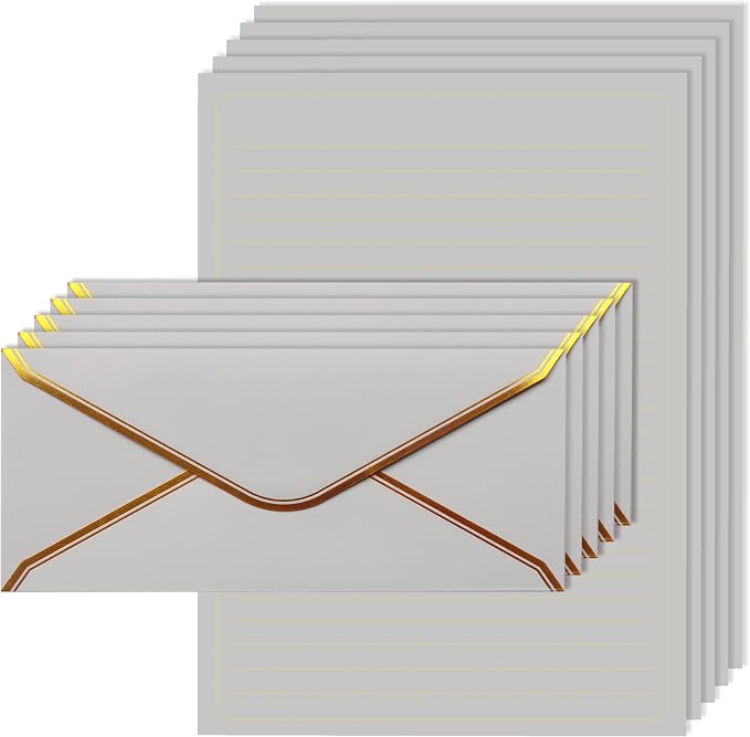 J6&H6 Gold Thread Stationary Paper and Envelopes Set Including 12 Standard Sized Phnom Penh Envelopes and 24 Sheets of Lined Paper Suitable for Daily Emotional Expression Formal Communication(grey)