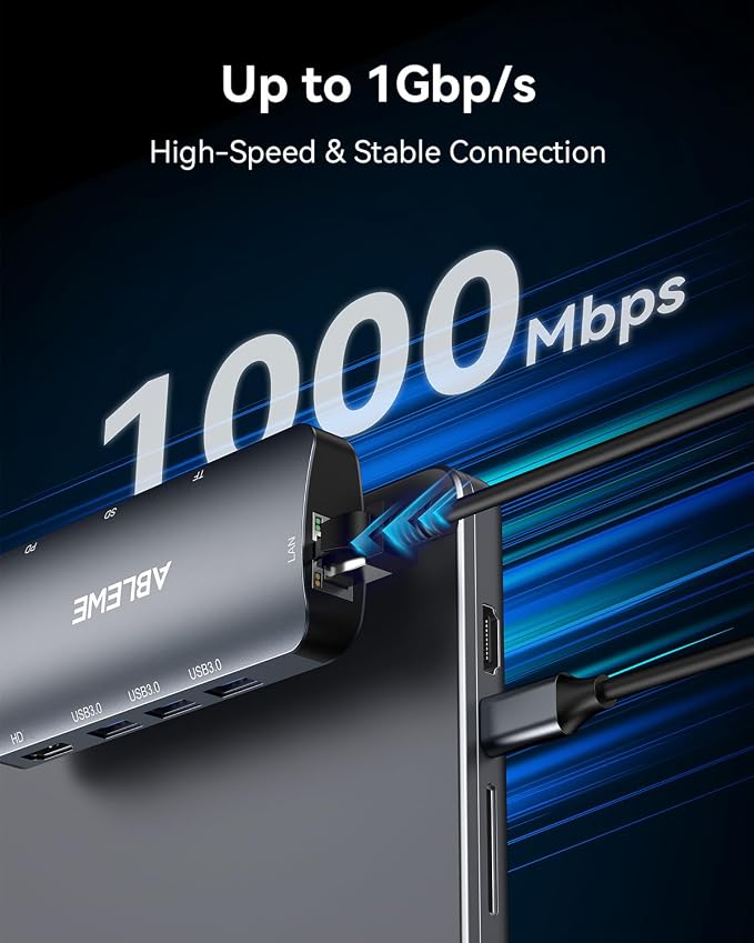 ABLEWE USB C Hub Ethernet, Multiport USB C to HDMI Hub, 8 in 1 4K@60Hz USBC Adapter,1000Mbps, 100W PD, 3 USB 3.0 Ports, Docking Station Compatible for MacBook, Tablet, Phone, Type C Devices