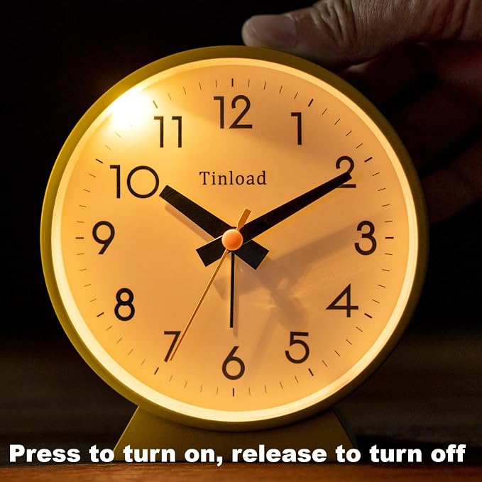 Tinload 4.5" Battery Operated Antique Retro Analog Alarm Clock, Small Silent Bedside Desk Clock,Lighted on Demand, Battery Operated, Snooze, for Living Room, Bedroom, Bedside, Desk(Yellow)