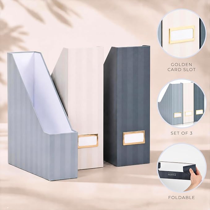 Beautiful Magazine Holder Set of 3 - Sturdy File Holder to Organize Your Desk or Shelves - The Perfect Office & Work Storage to Effortlessly Arrange Your Paperwork, Files, Magazines, Books or Binders