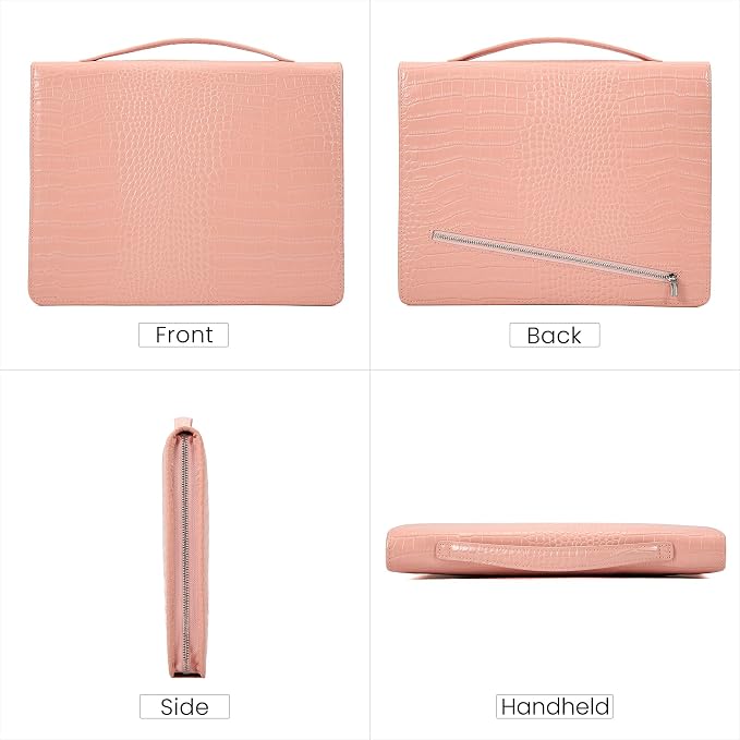 Croc-Pattern Leather Portfolio for Women with Handle, 11-13 inch iPad Holder Padfolio, Aesthetic Office Professional Organizer, Zippered Resume Binder for Interviews & Graduation Gift, Pink
