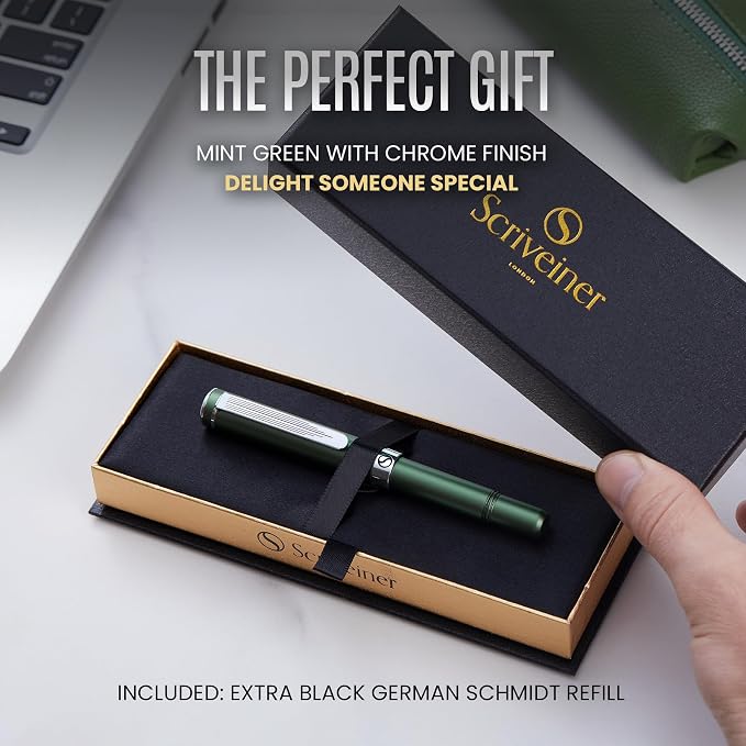 Scriveiner Green Rollerball EDC Luxury Pen, Stunning Pocket Pen with Chrome Finish, Cool Writing Pen, Best Gift for Men & Women, German Schmidt Refill, Nice Present, Fancy Office Designer