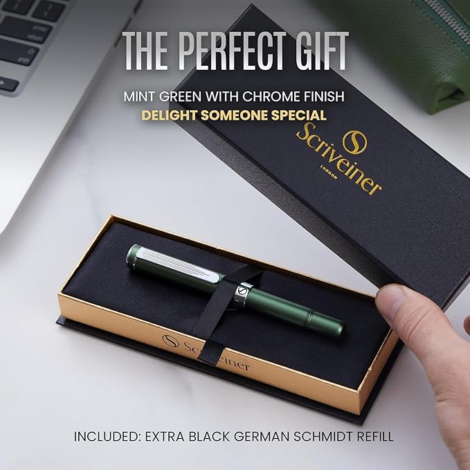 Scriveiner Green Rollerball EDC Luxury Pen, Chrome Finish, 4 Black Medium Refills