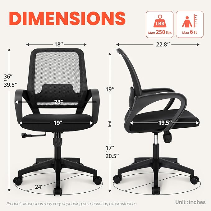 NEO CHAIR Office Desk Ergonomic Computer Mesh Chair with Lumbar Mid Back Support Adjustable Height Swivel Rolling Wheels Comfy Task Vanity Chair for Home Bedroom Study (Black)