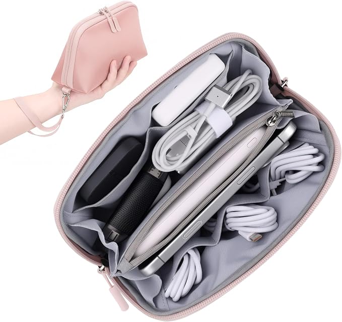 FYY Travel Cable Organizer - 8 Compartments Lightweight Water Resistant Tech Pouch with Wrist Strap, Portable Electronic Accessories Case for Cord Charger Storage for Travel Home Office, Pink (Small)