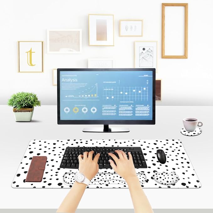 ToLuLu Extended Gaming Mouse Pad, Memory Foam Ergonomic Keyboard Mouse Wrist Rest Support Set, Large Desk Mat with Stitched Edges, Non-Slip Base Mousepad for Home Office Game and Study, Polka Dots
