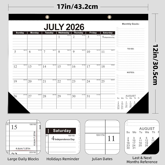ZTX Desk Calendar 2026-2027 Wall Calendar from July 2026 to December 2027,18 Months 17"×12" Thick Paper with Plastic Cover for Teacher School Home Office