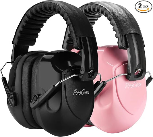 ProCase NRR 28dB Noise Reduction Ear Muffs, Foldable Adjustable Passive Noise Cancelling Headphones for Adults Kids Autism, Hearing Protection for Shooting, Construction -2 Packs, Pink & Black