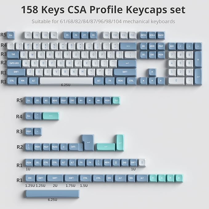 PBT Blue Keycaps 60 Percent with 6.25U Space Bar OEM Profile for Cherry MX Switch Mechanical Gaming Keyboard (CSA-Shoko)
