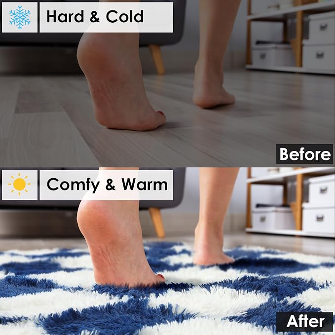 KICMOR Large Area Rug for Living Room 6x9, Big Fluffy Shag Fuzzy Navy Blue and Cream White Checkered Rugs Soft Plush Carpet for Bedroom, Cute Shaggy Rug for Kids Boys Girls Room Nursery Home Decor
