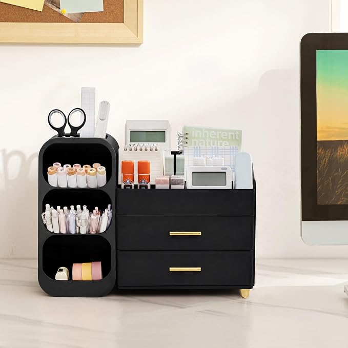 HBlife Desk Organizer with Pen Pencil Holder for Desk, Pen Organizer with 2 Drawers, Desk Organizers and Accessories with 4 Compartments, Desktop Storage for Office Home School Art Supplies, All Black