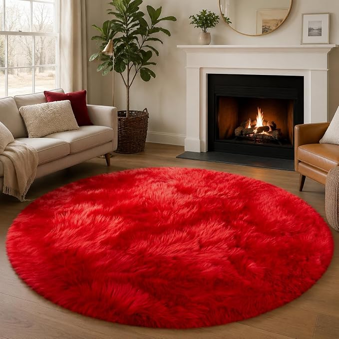 EasyJoy Ultra Soft Faux Fur Rug Fluffy Sheepskin Rug for Bedroom Living Room Sofa Bedside Floor(4 x 4 ft Round, Red)