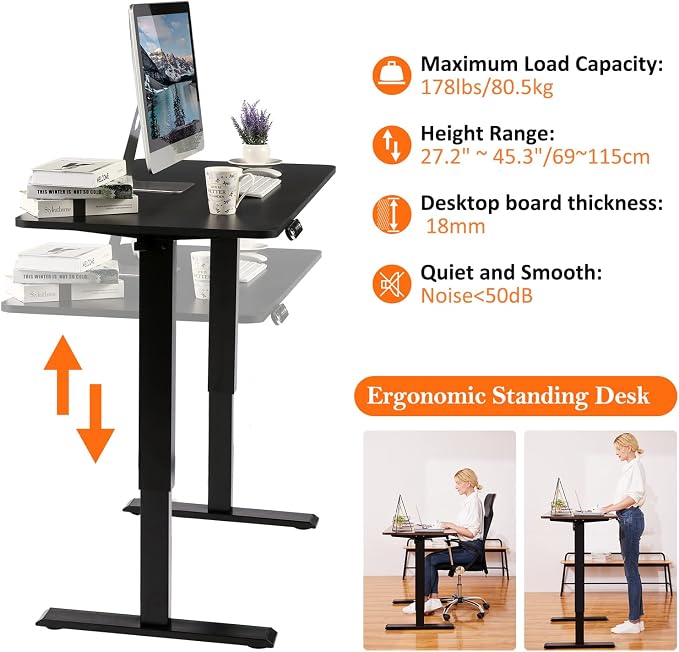 Electric Adjustable Height Standing Desk, 48×24 Inches Sit Stand Desk with Power Socket, 2 USB Ports, 3 Power Outlets, 4 Wheels,4 Memory Buttons Home Office Computer Workstations(Black)