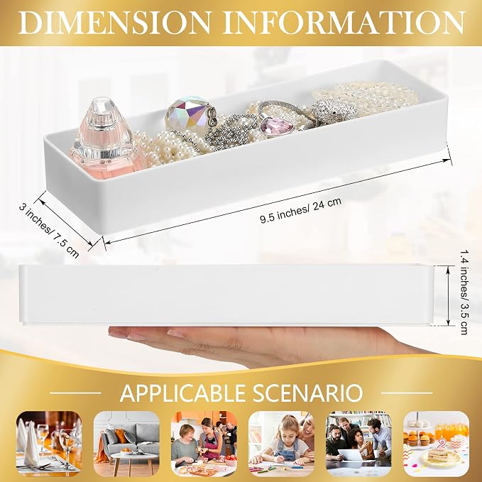 4 Pack Plastic Drawer Organizer 9.5 x 3 x 1.4 Inch Tabletop Organizer Tray Stationery Holder White Half Accessory Tray Stackable Storage Container for Vanity Office Home Utensils Gadgets Shelf Kitchen