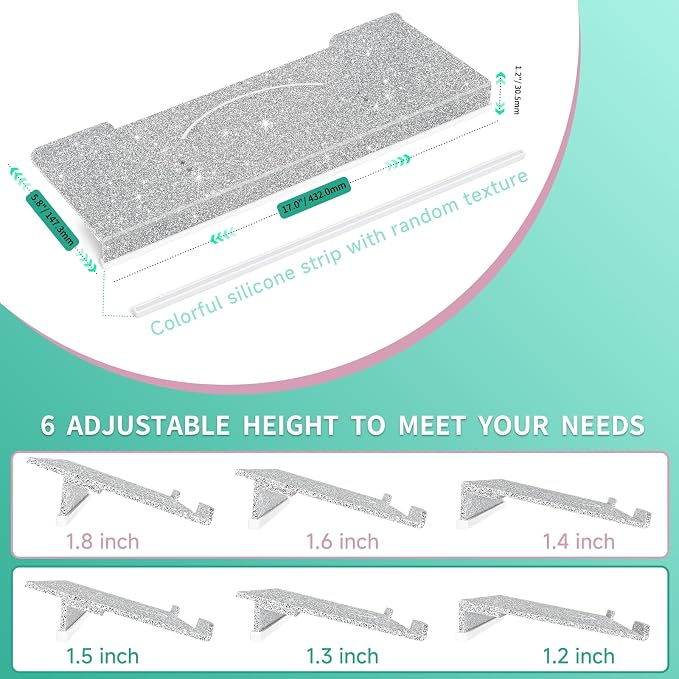 Ergonomic Computer Keyboard Stand - Adjustable Keyboard Riser Tilt Glitter Silver Acrylic Keyboard Tray Non-Slip Elevated Typing Key Board Holder Lift for Home Office Desk Accessories