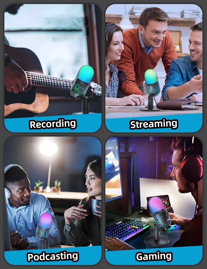 MRSDY USB Gaming Microphone for PC with Noise Reduction, Mute, Gain, RGB | Condenser Mic, Headphone Jack, Suitable for PC, Computer, PS4, PS5, Mac, Streaming, Podcasting, Recording, YouTube, Discord