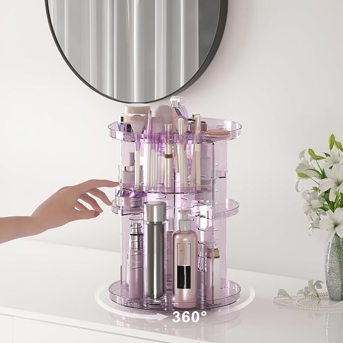 Rotating Makeup Organizer, DIY 8 Adjustable Layers Spinning Skincare Storage, Cosmetic Display Case with Brush Holder and Perfume Tray, Multi-Function Vanity Bathroom Countertop Organizer Clear Purple