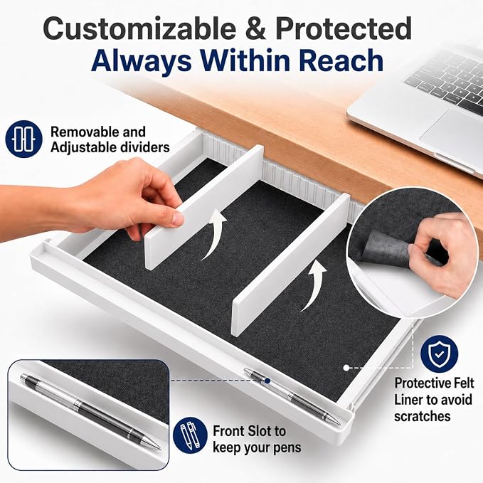 Under Desk Drawer, Adjustable Dividers, Impact-Resistant, 22" – White | Silent steel rails, 100% extension. Protective mat included, easy 4-screw install. Fits most desks, 22"×13"×2".