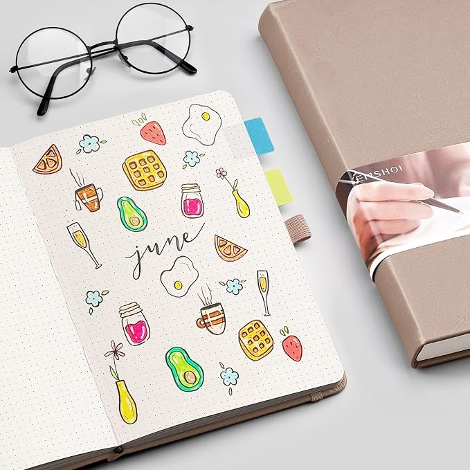 EMSHOI Dotted Journal Notebook, 256 Pages, 120 GSM Thick Paper, A5 Small 5.75"x8.38", PU Leather Hardcover, 5mm Dot Grid Notebook for Journaling, Planning, Drawing, Writing, Khaki