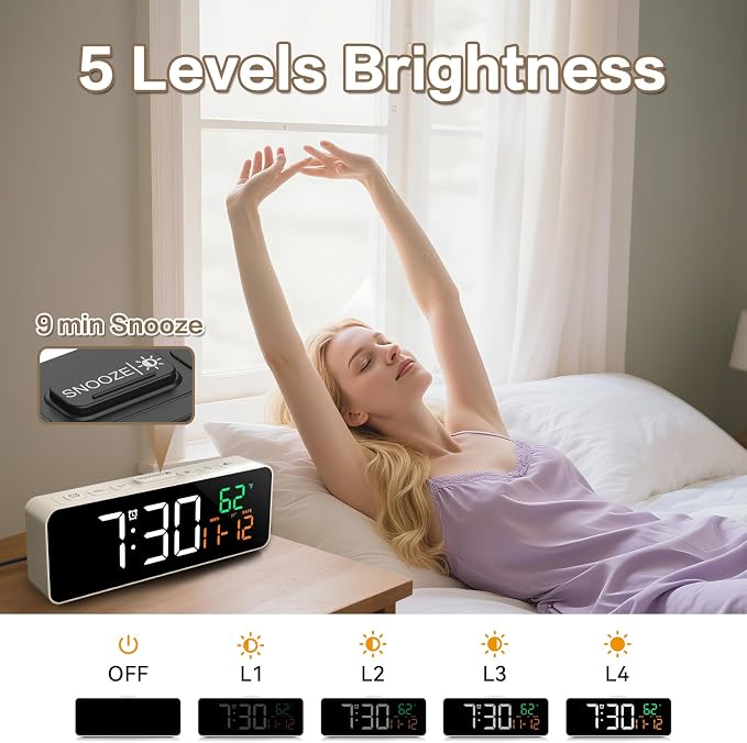 Netzu 3-in-1 Digital Clocks for Living Room, Small & Compact Alarm Clock | Temperature, Date & Time Display, 4 Birghtness, 3 Volumes, Plug-in, for Bedroom, Office