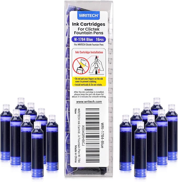 WRITECH W-1784 Cartridge Blue Ink: 16ct Blue Ink Cartridges Set Clictek Fountain Pens