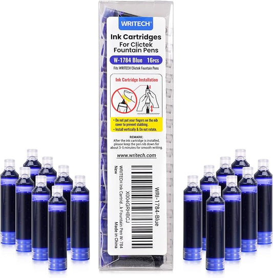 WRITECH W-1784 Cartridge Blue Ink: 16ct Blue Ink Cartridges Set Clictek Fountain Pens