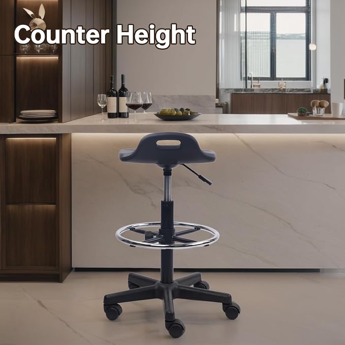 KLASIKA Drafting Rolling Stool Adjustable Height with Foot Rest Breathable Seat Cushion Swivel Stools with Wheels, Multi-Purpose Work Stool for Shop, Task, Salon, Black, 2 Pack