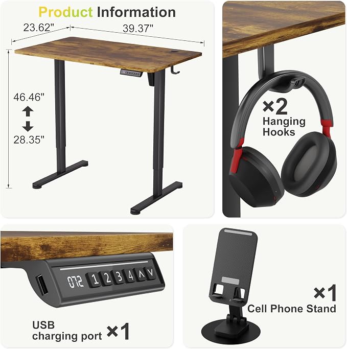 Furmax Electric Standing Desk, 40 x 24 Inches Sit Stand up Desk, Sit Stand Height Adjustable Home Office Desk with 4 Height Position Memory (Rustic Brown, 40)