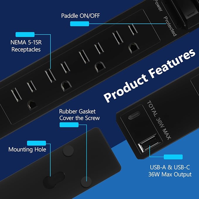 LIDER PD 36W Surge Protected Outlet Extender, 4-Outlet Power Strip, USB-A & USB-C, 5ft, Up to 1500J, LED Indicator, ON/Off Switch, Flat-Plug, 45-Degree Angle, 1250W, ETL Listed, Matte Black