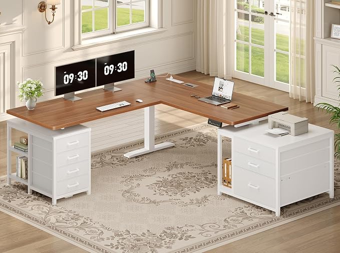 SEDETA 63" L Shaped Electric Standing Desk, Height Adjustable Corner Desk with 7 Fabric Storage Drawers & Power Outlet, 3 Memory Heights, 200lbs Capacity for Home Office Gaming, White + Brown