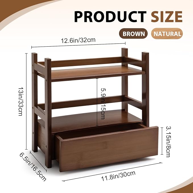 2 Tier Matcha Station Bamboo Organizer with Hidden Drawer, Wood Home Coffee Station Organizer for Kitchen Countertops, Coffee Bars, Kitchen & Office Storage(13" L x 6.5" W x 12.6" H)(Brown)