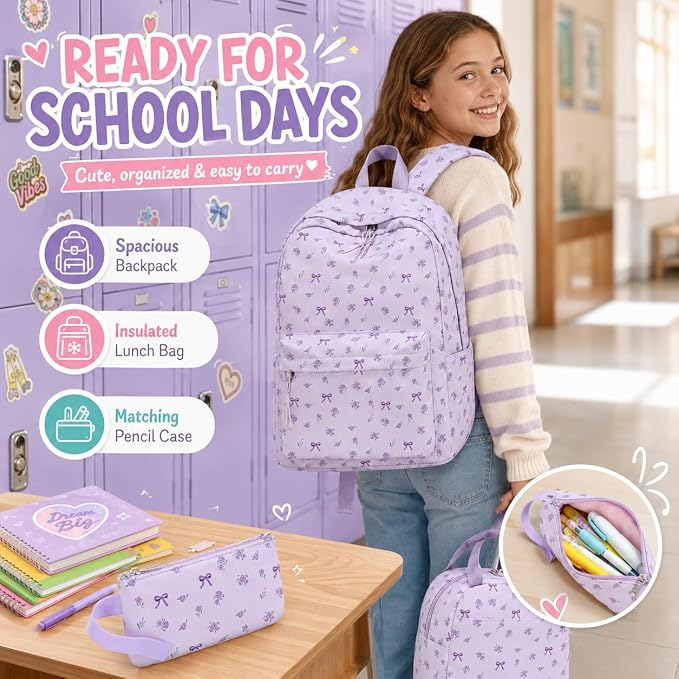 Bluboon Teen Girls School Backpack Kids Bookbag Set with Lunch Box Pencil Case Travel Laptop Backpack Casual Daypacks (Beige bow tie)