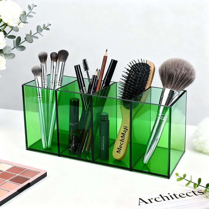Pen Holder for Desk Neon Acrylic Pencil Holder Cup Makeup Brush Storage Organizer for Vanity, Turquoise Green
