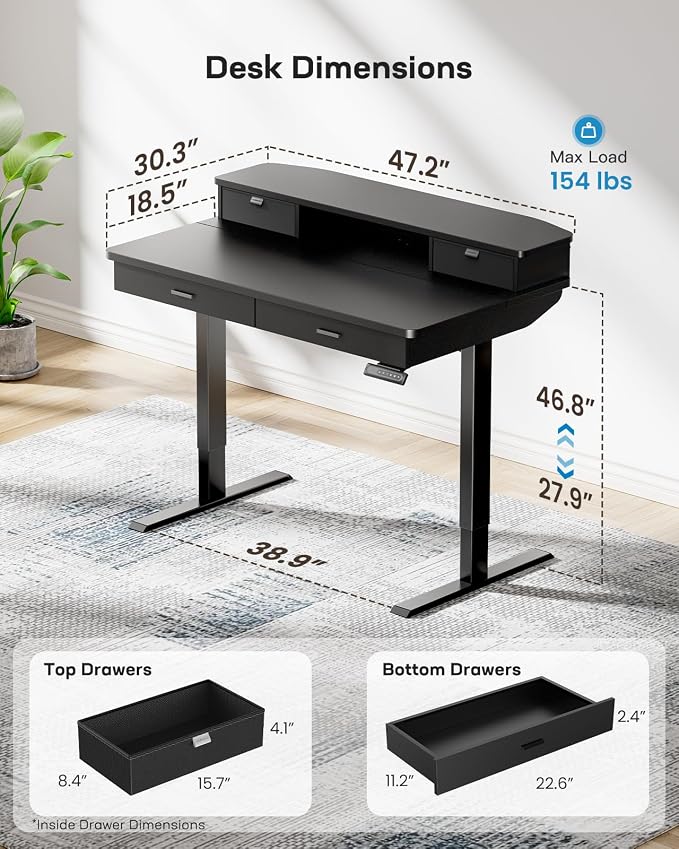 HUANUO 48 x 30 inch Electric Standing Desk with 2 Wood Drawers, Adjustable Height Sit Stand Desk for Home Office, Ergonomic Stand up Desk with 4 Memory Presets, 176 lbs Capacity, Black Top