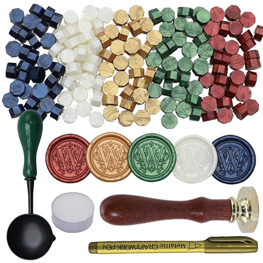 Initial Alphabet Wax Seal Stamp Kit, Retro Letter W Sealing Stamp with 150Pcs Sealing Wax Beads Spoon Pen Set for Wedding Invitations Cards Envelopes (W)