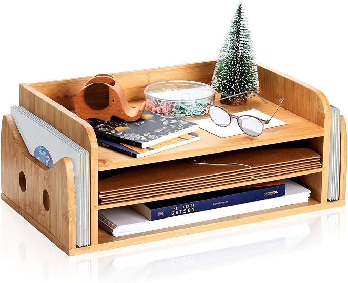 ZOOFOX Cute Cat-Shaped Bamboo Desk Organizer, 3-Tier Paper Letter Tray with 2 Vertical Mail Slots, Wooden Desktop File Holder and Sorter for Office Home