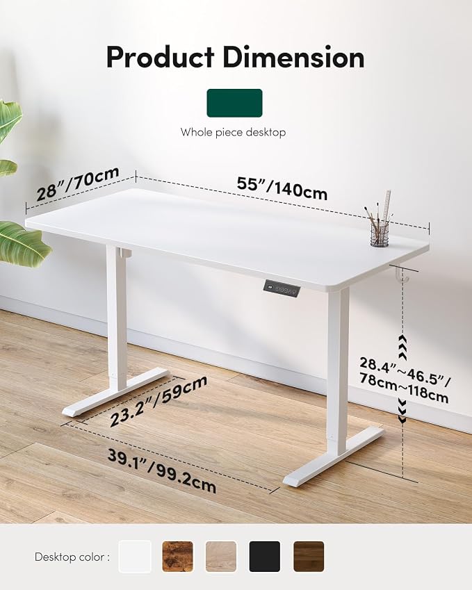 CubiCubi 55 x 28 Inch Large One-Piece Standing Desk, Adjustable Height Electric Computer Home Office Sit Stand up Whole Board Workstation, with Memory Presets, Headphone Hook, White