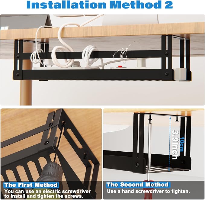 PAVSTINE 2 Pack Under Desk Cable Management Tray, 17 in | Dual Mount Adhesive & Screw, Metal Wire Basket, Holds Up To 15 Lbs, Power Strip Holder Cord Hider for Home/Office Desk