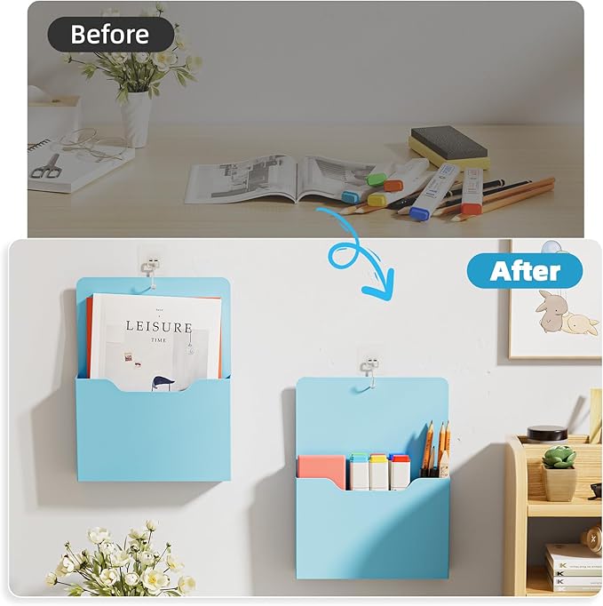 Marbrasse 2 Pack Magnetic File Holder - Paper Holder, Pocket Organizer,Hanging Wall File Organizer Office Supplies Storage, Magazine Mail Organizer Case for Notebooks,Planners,Letter (Blue)