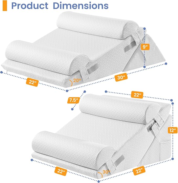 Sasttie Adjustable Wedge Pillow Set for After Surgery, White | 2PCS Bed Wedge Pillow Headboard with Memory Foam Neck Cushion, for Acid Reflux, Sleeping, Neck & Back Support