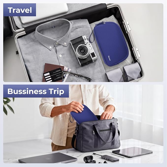 Skycase Travel Cable Organizer - Lightweight Water Resistant Dual-Layer Tech Pouch with Wrist Strap 11 Compartments Electronic Organizer Travel Case for Charger Cord Hard Drive,Large,Blue