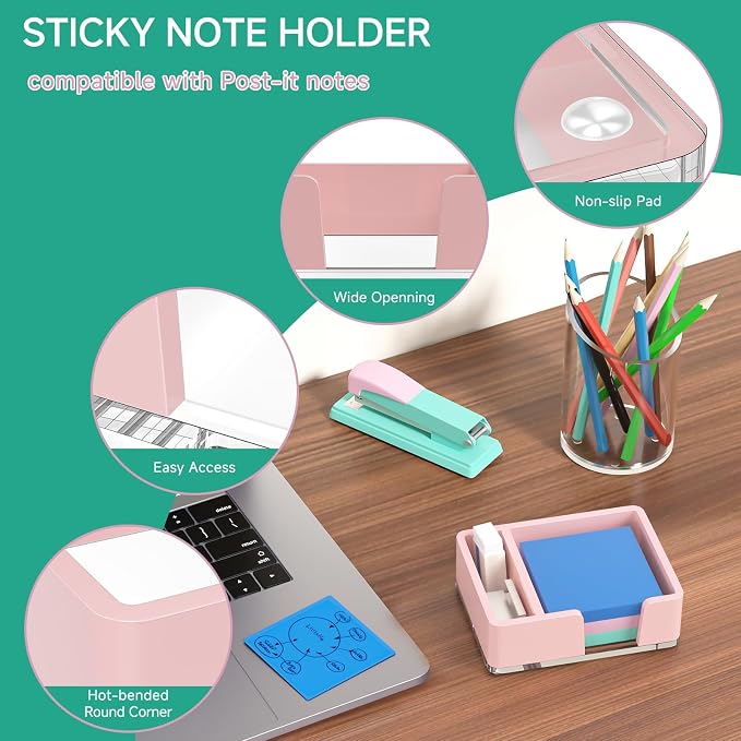 Sticky Note Holder with Pen Slot, Pink Acrylic Notepad Holder 3x3 in Self-Stick Note Dispenser Office Desk Accessories, Memo Pad Holder Organizer for Classroom School Supplies