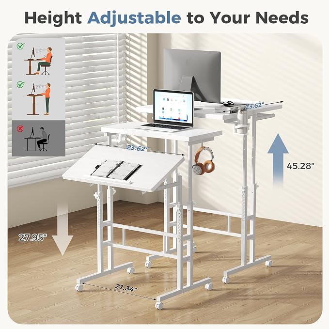 Simple Deluxe Split Top Rotating Standing Desk on Wheels – 23.6" Manual Adjustable Height Mobile Laptop Computer Table – Sit Stand Rolling Workstation with Tilt Function – White